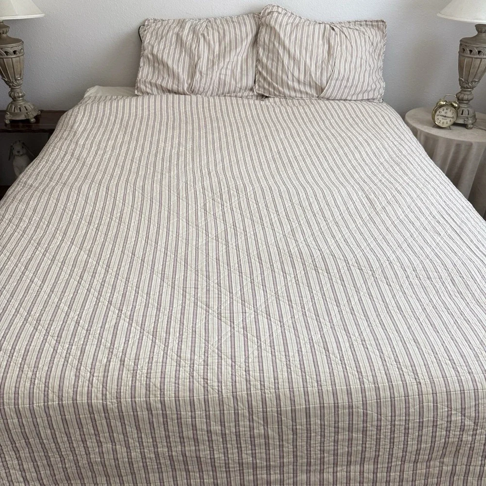 Vtg Cottagecore Quilt Full Queen Floral Shams Rose Reversible Striped Bedspread